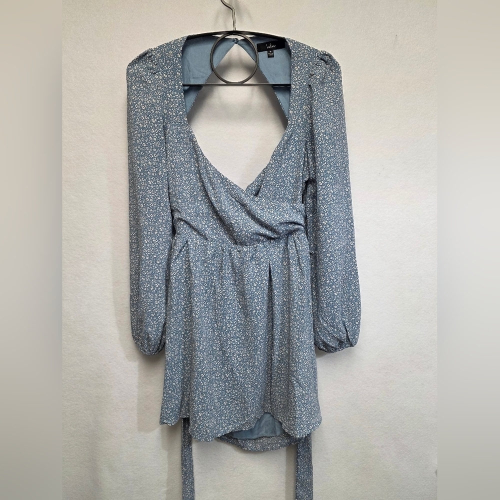Lulu's Floral Long Sleeve Blue And Cream Open Back Dress Womens Size Medium